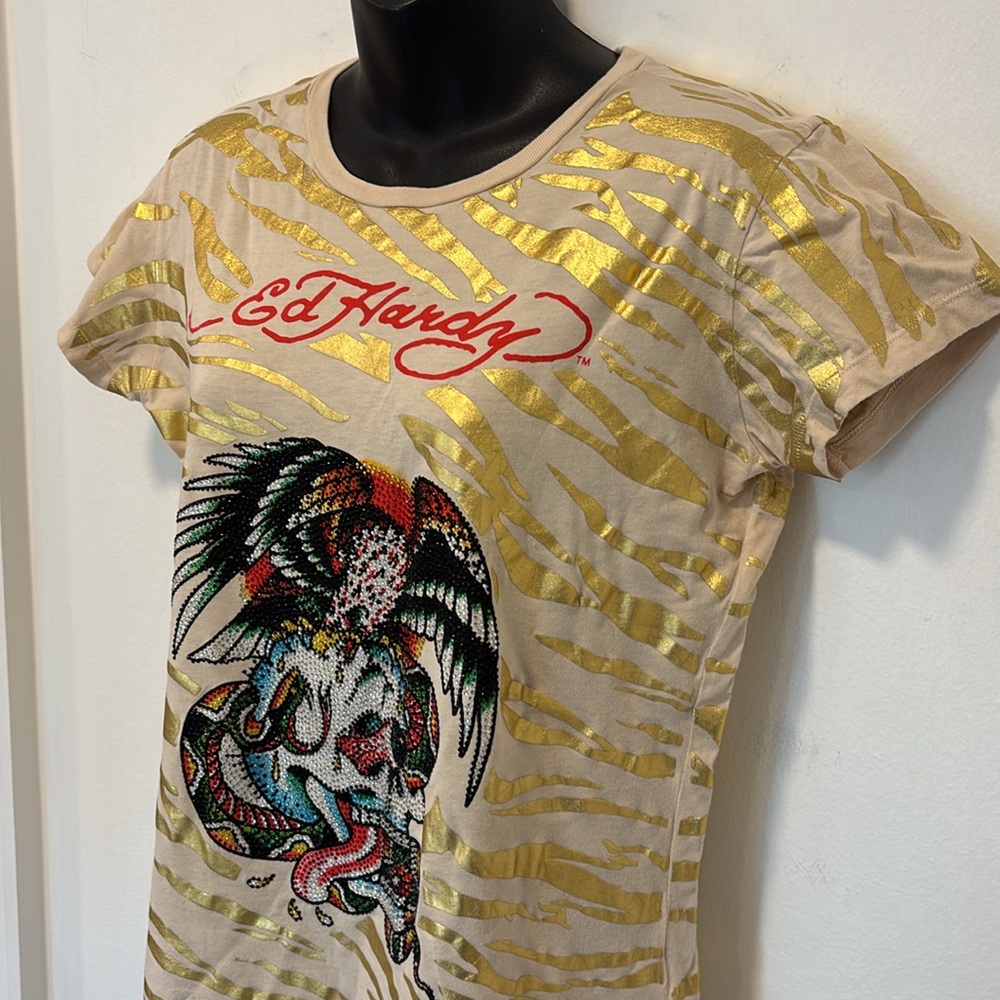 Deadstock Gold Foil Animal Print Tee Rhinestone Embellished Des… - Picture 4 of 6
